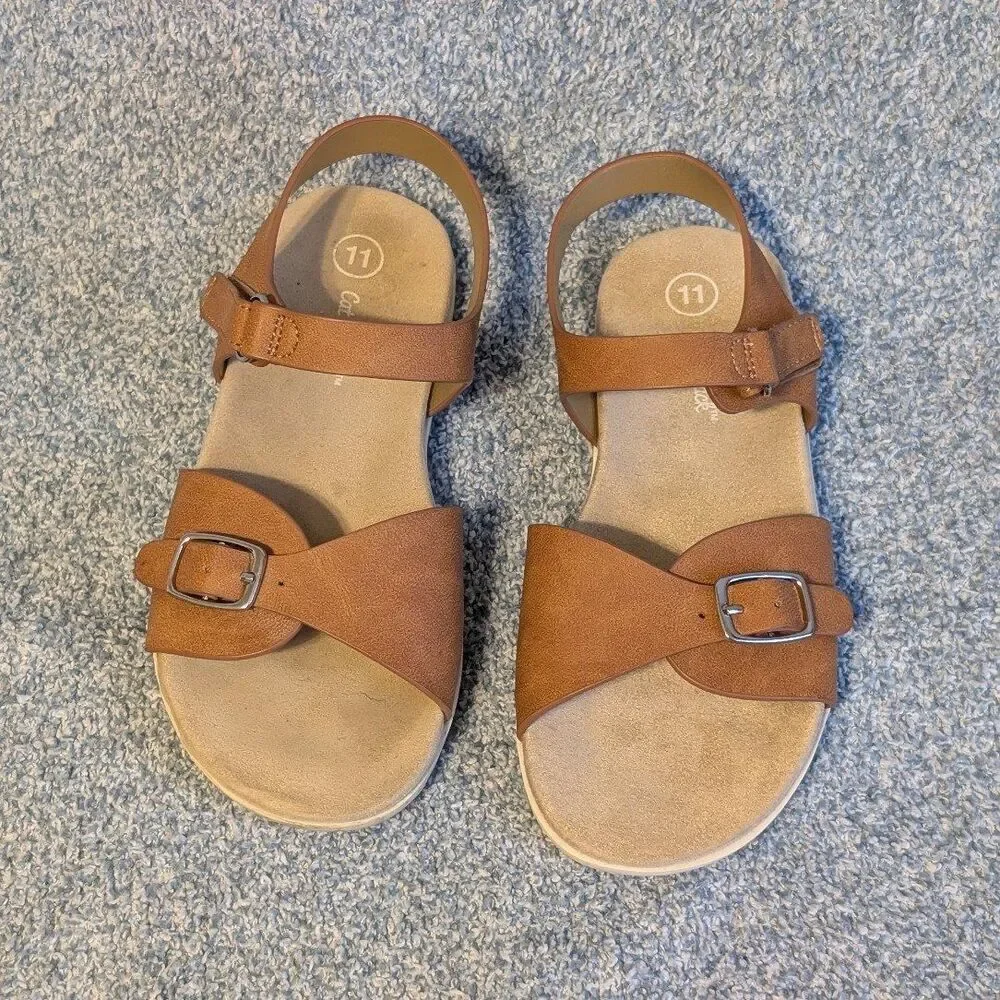 Cat & Jack Girls Size 11 Cognac Brown Shaelyn Molded Footbed Hook Loop Sandals